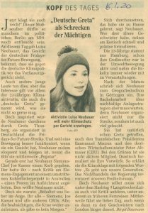 Luisa Neubauer, Gesicht und Stimme der deutschen Fridays-for-Future-Bewegung, bringt die deutsche Klimapolitik vor den Verfassungsgerichtshof. (der Standard, Kopf des Tages 16.01.20)